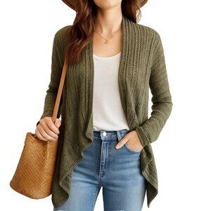 Athleta Womens XS Open Knit Cardigan Olive Green Cotton Cashmere Wool Blend Boho